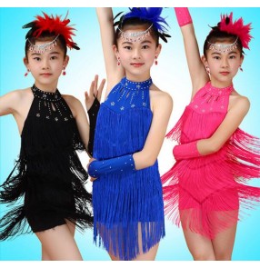 Black royal blue fuchsia hot pink backless rhinestone fringes halter neck girls kids children performance competition latin salsa cha cha dance dresses 